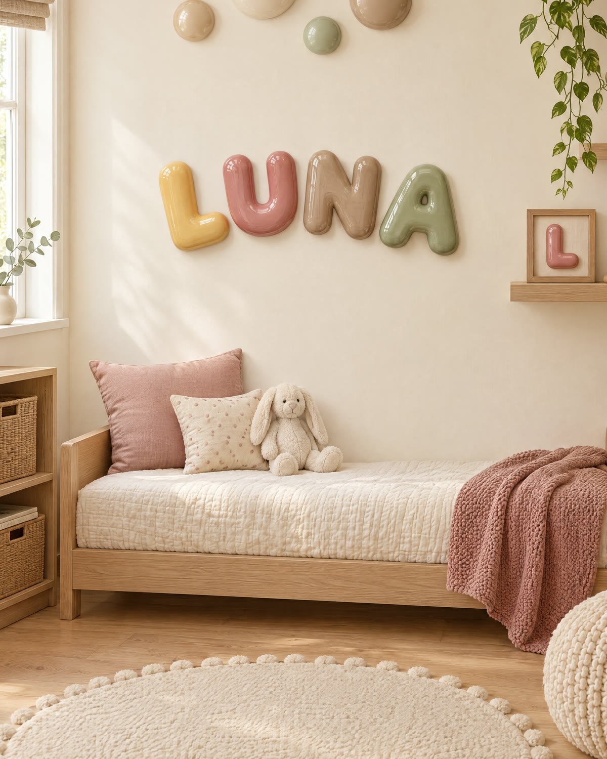El nombre LUNA arriba de una cama de día con cojines rosas y un conejito de peluche
