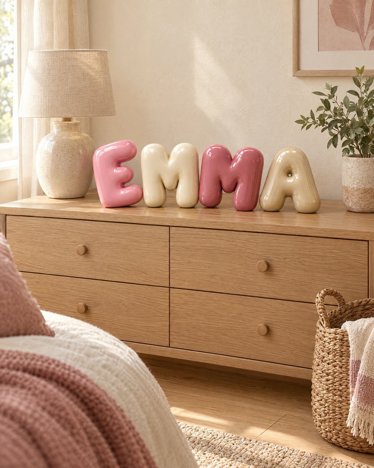 El nombre EMMA sobre una cómoda de roble junto a una lámpara